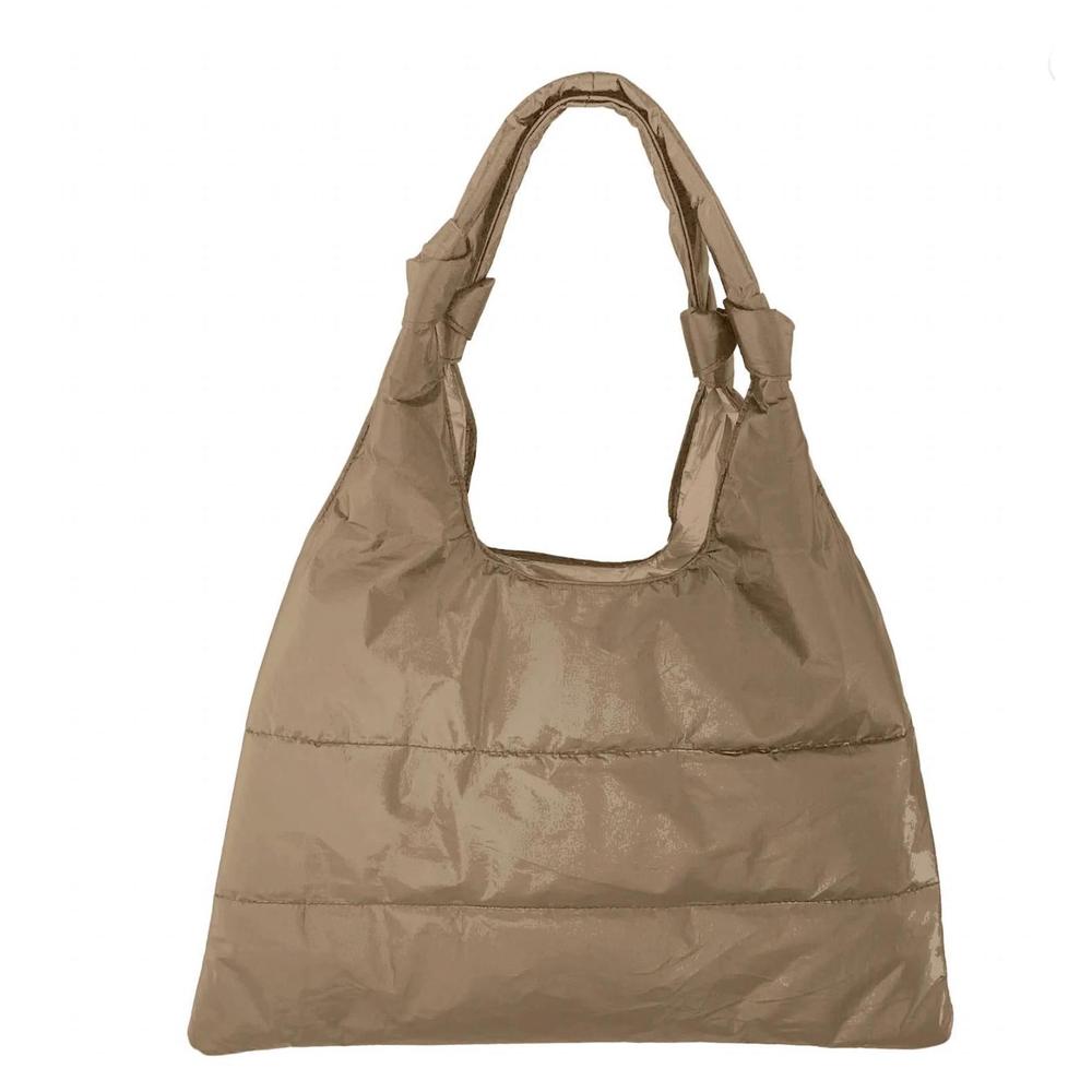 NEW HI LOVE TRAVEL women's love me knot puffer tote in shimmer bronze
